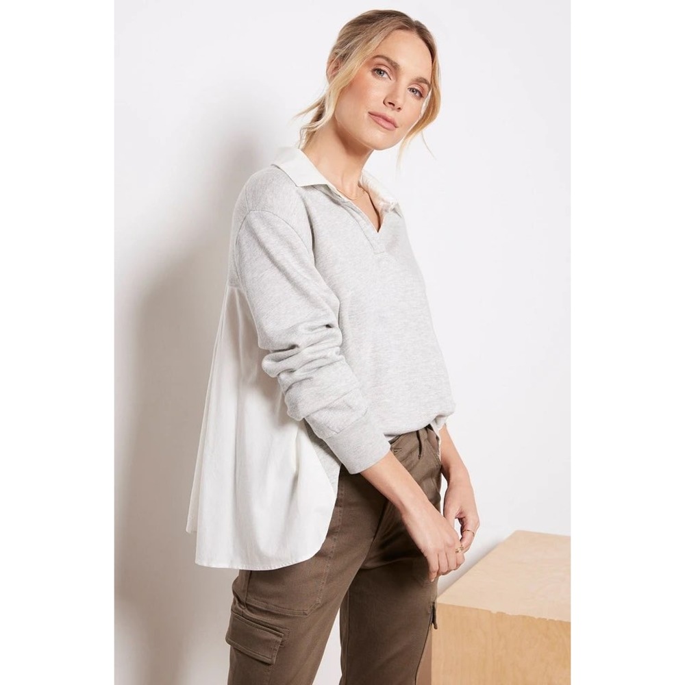 Monrow Poplin Mix Collar Sweatshirt In Gray Size Medium Preppy Old Money Classic